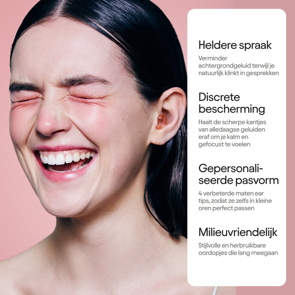 Loop Engage 2 oordopjes – roze – gedragen door model, toont heldere spraak, discrete bescherming, gepersonaliseerde pasvorm en milieuvriendelijk
