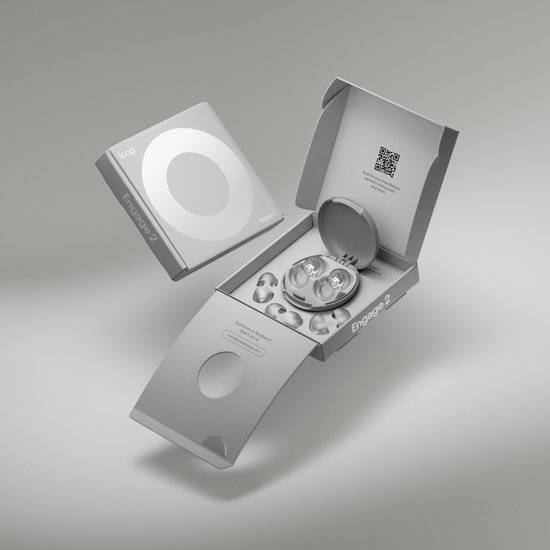 ALT-tekst: Loop Engage 2 oordopjes – wit – verpakking inclusief accessoires