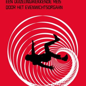 Kaft van het boek met de titel 'Over de kop: Een duizelingwekkende reis naar het evenwichtsorgaan' van auteur Agali Mert. Op de rode kaft is een spiraal weergegeven met een schaduwfiguur erin afgebeeld alsof deze in het spiraal draaid.