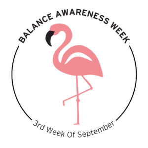 Logo Balance Awareness Week met Flamingo op 1 been en tekst: Balance Awarenes Week, 3rd week of September.